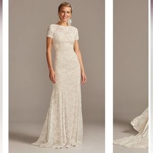 Melissa Sweet NEW MWT Short Sleeve Low Scoop Back Cream Lace Wedding Dress 4